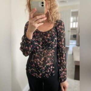 Floral silk blouse black size S-M